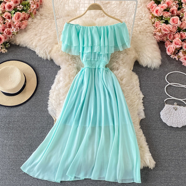 Off-shoulder Ruffle Mesh Chiffon Dress