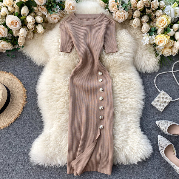 Simple Design Single-breasted Knit Dress