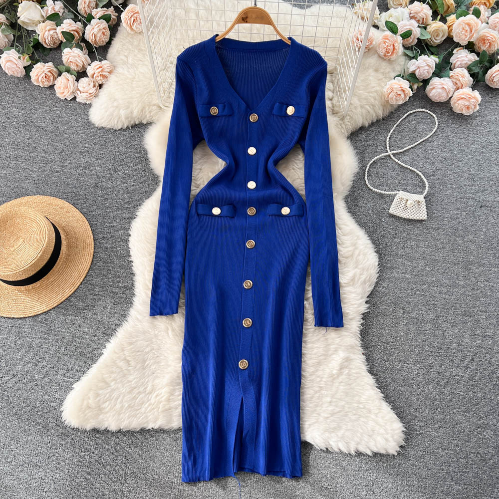 Single Breasted V-neck Knitted Dress