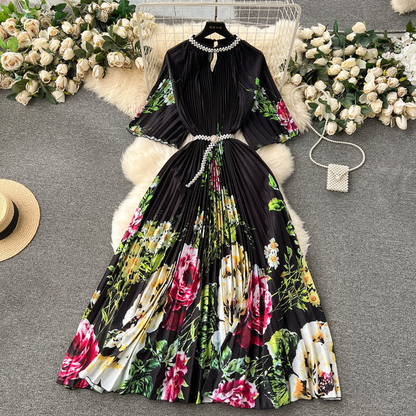 Elegant Beaded Floral Printed Dress