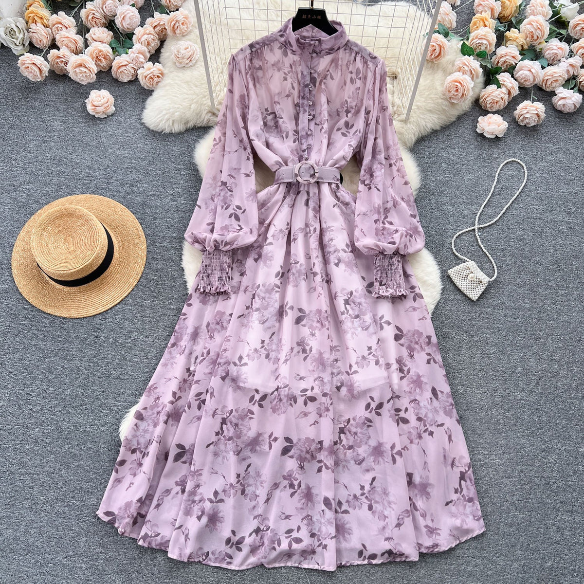 Stand Collar Floral Chiffon Dress