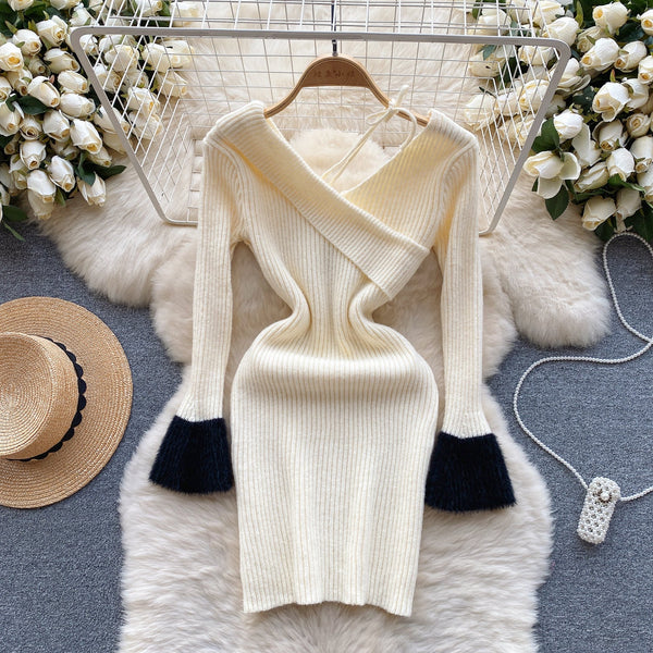 Niche V-neck Slim-fit Knitted Dress