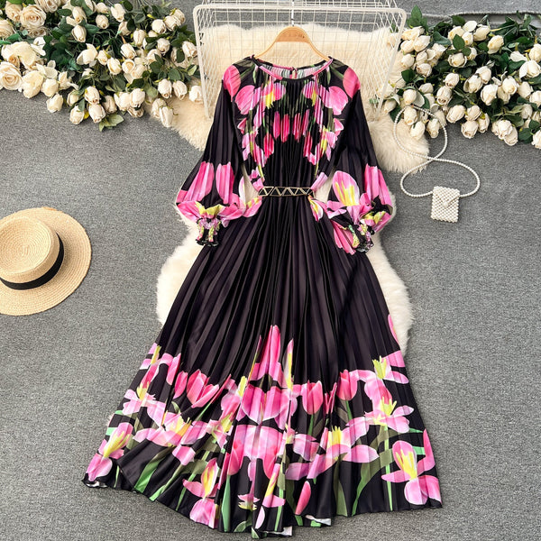 Courtly Flared Sleeve Floral Dress
