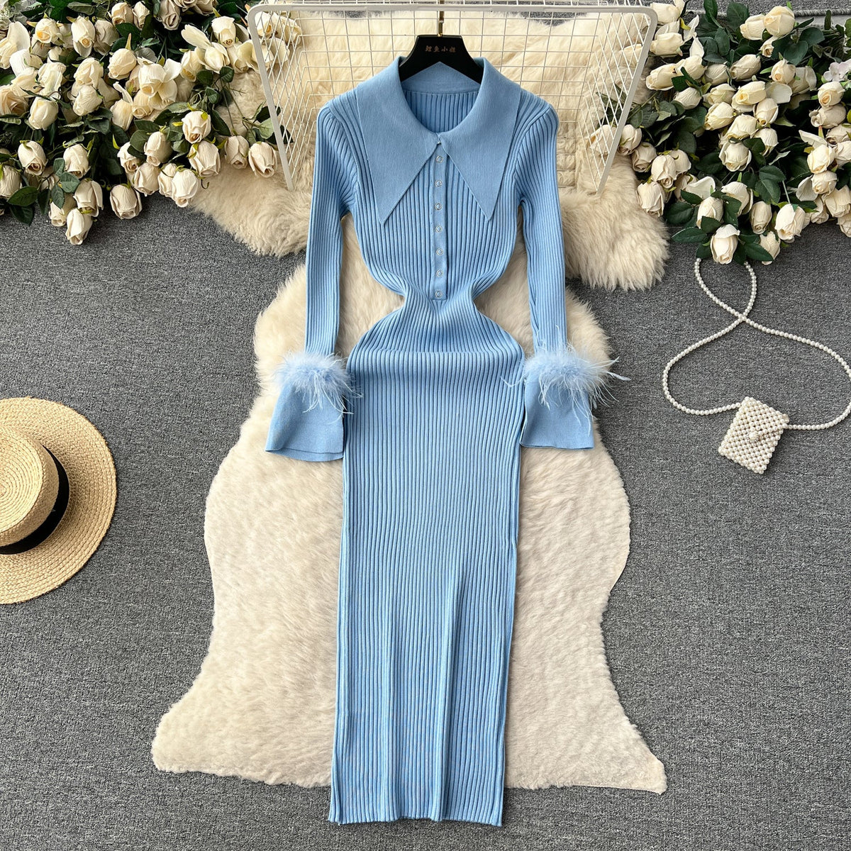 Lapel Furry Cuff Knitted Dress