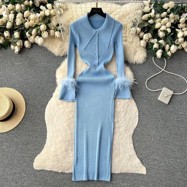 Lapel Furry Cuff Knitted Dress