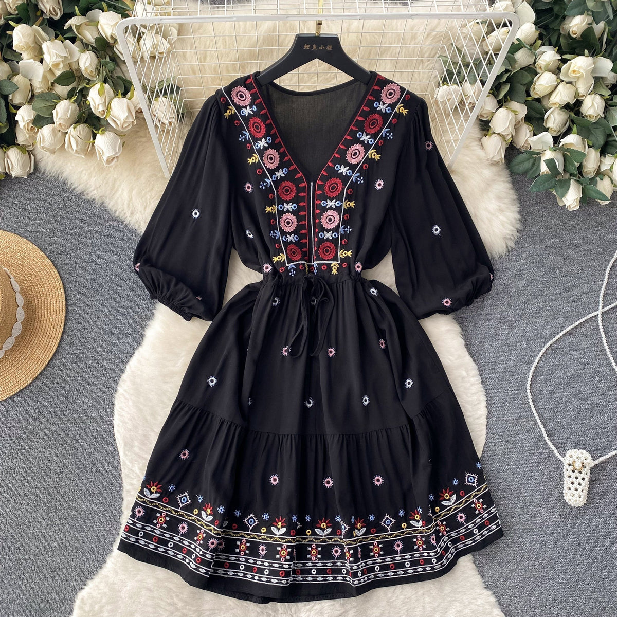 Bohemian Embroidered Drawstring Floral Dress