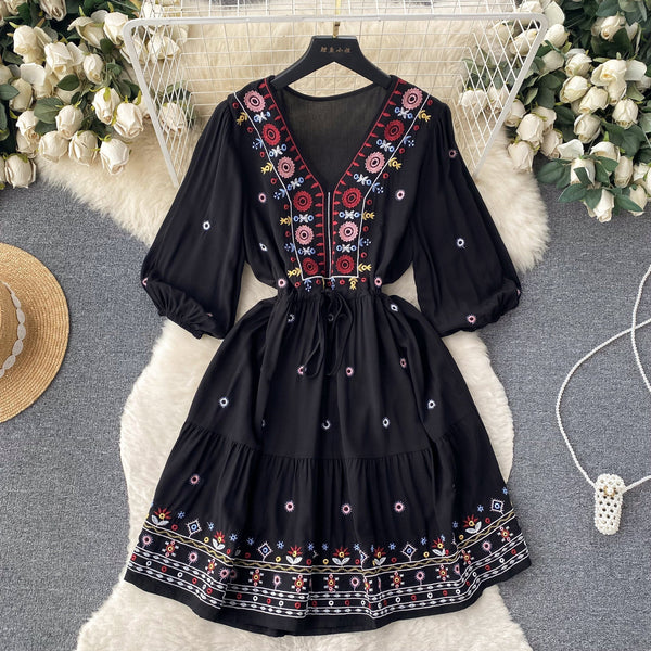 Bohemian Embroidered Drawstring Floral Dress