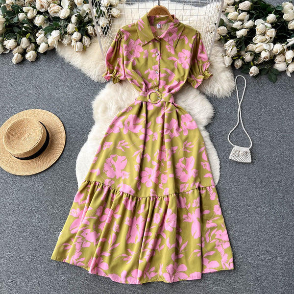 Vintage Lapeled Big Floral Shirt Dress