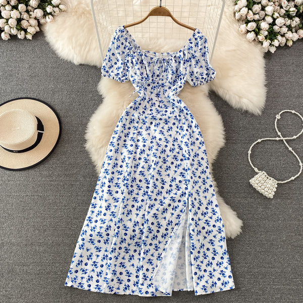 French Style Puff Sleeve Floral Dress