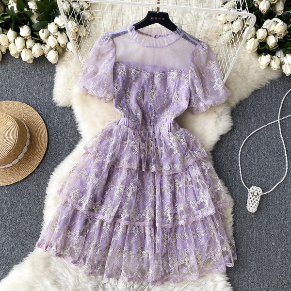 Crochet Lace Puff Sleeve Cake Dress
