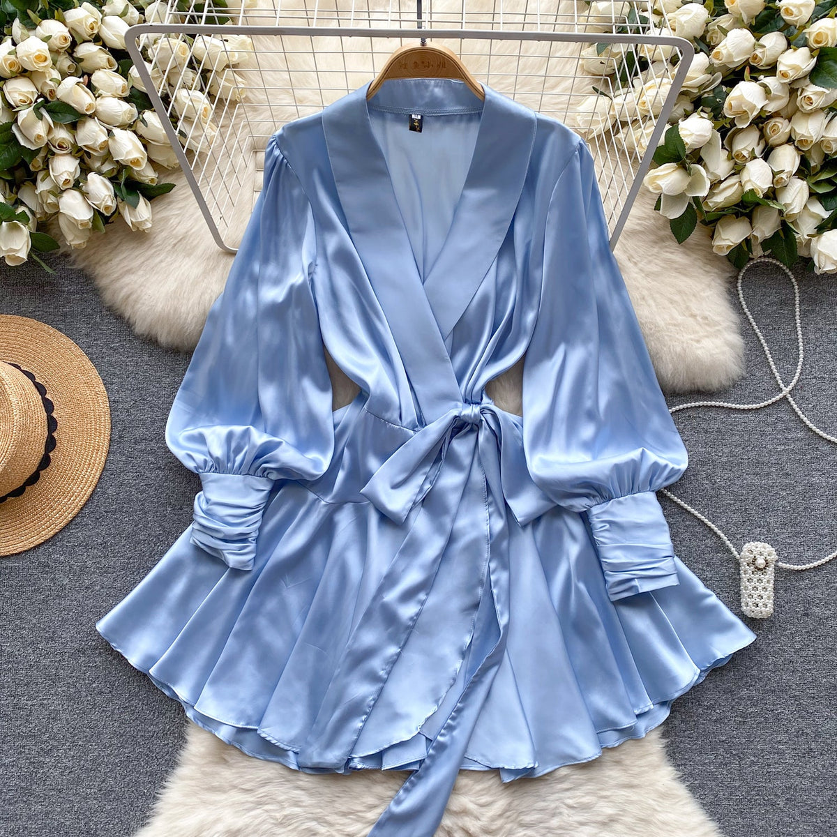 French Style V-neck Satin Wrap Dress