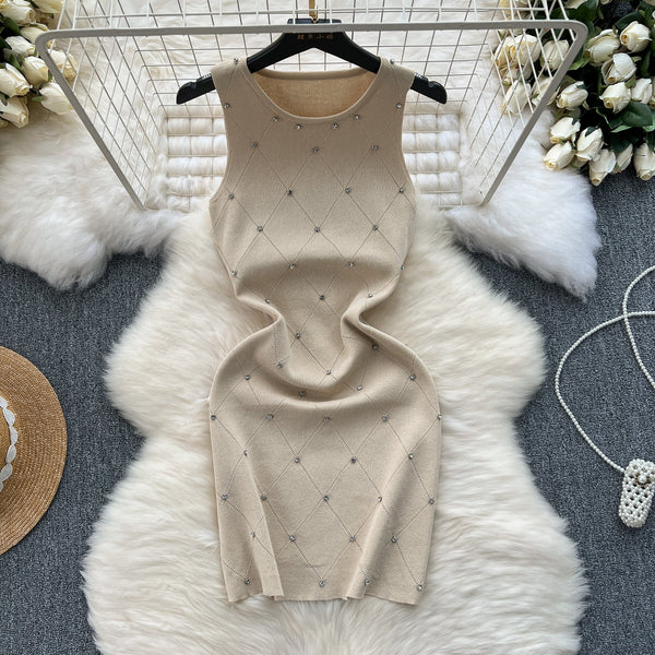 Lozenge Rhinestone Studded Knitted Dress