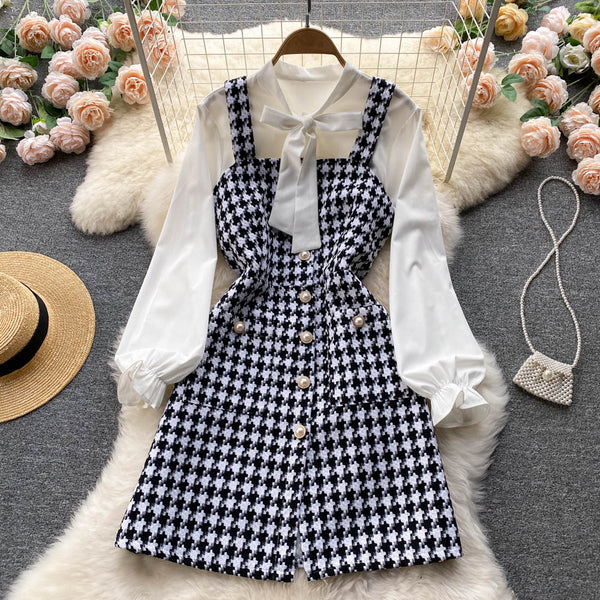 Bow-tie Tweed White Shirt&Plaid Dress
