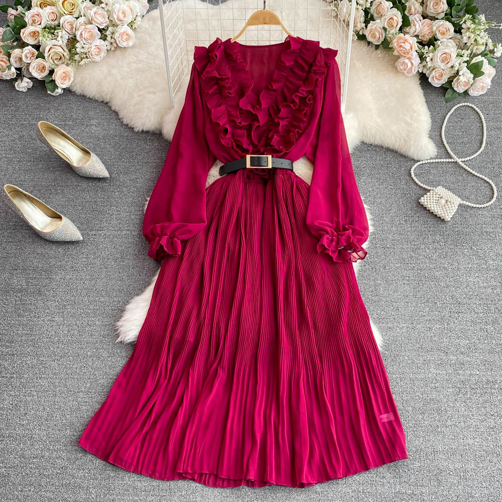 Vintage Ruffle Puffy Sleeve Pleated Dress