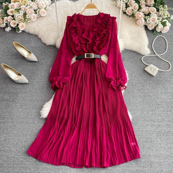 Vintage Ruffle Puffy Sleeve Pleated Dress