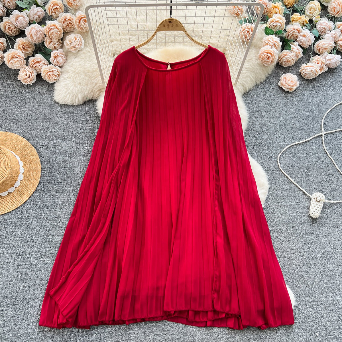 Solid Color Pleated Cape Dress