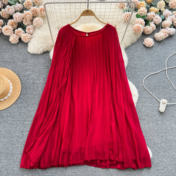 Solid Color Pleated Cape Dress