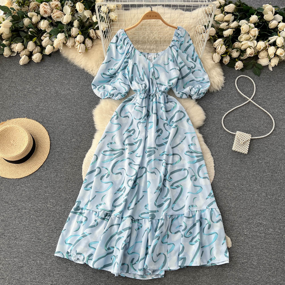 Square Neck Bubble Sleeve Floral Dress