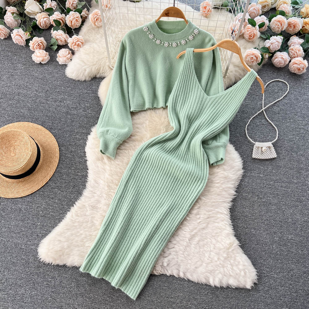 Vintage Beaded Jersey&V-neck Halter Dress