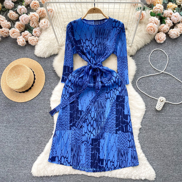 Crew Neck Lace-up Printed Dress