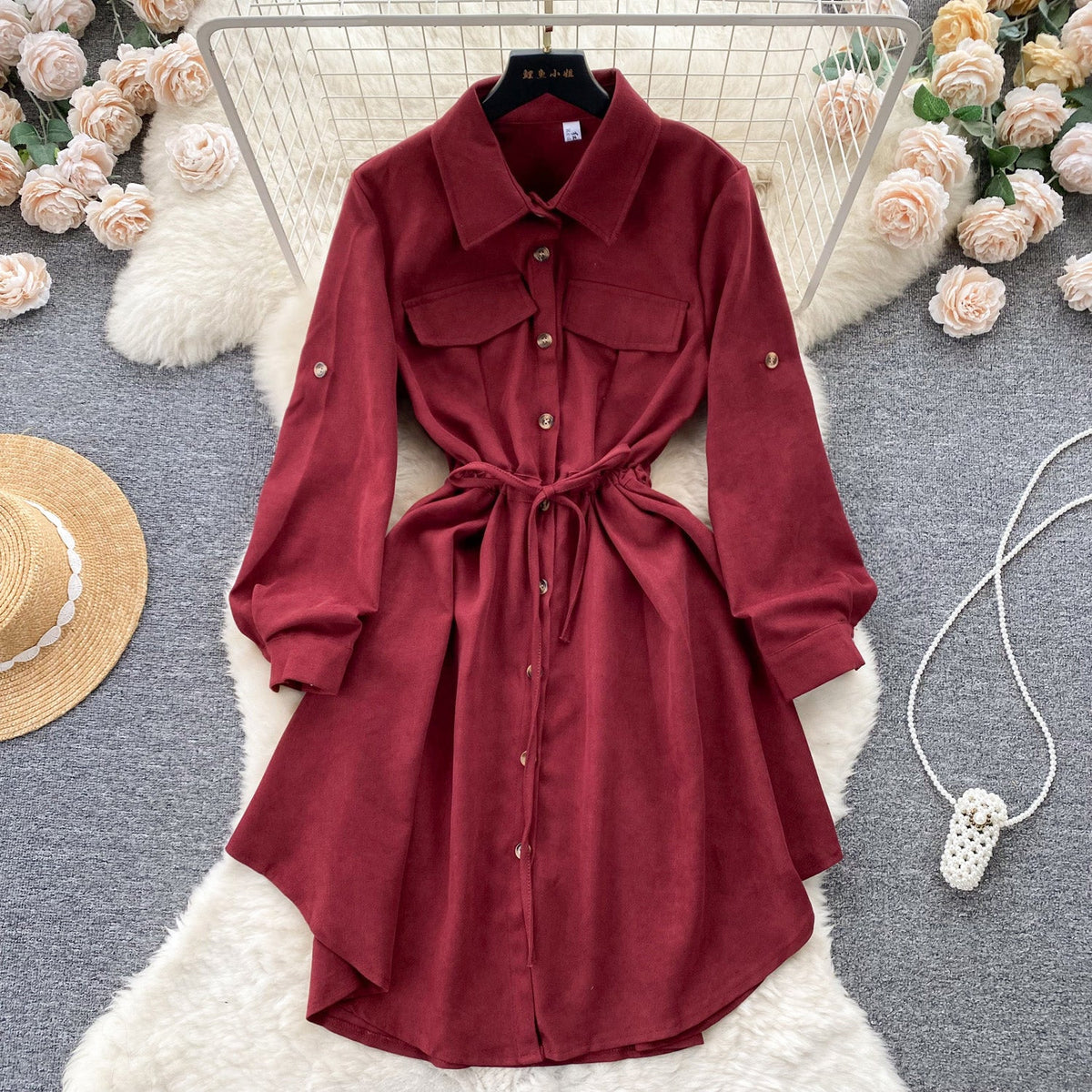 Irregular Design Lapeled Lace-up Shirt Dress