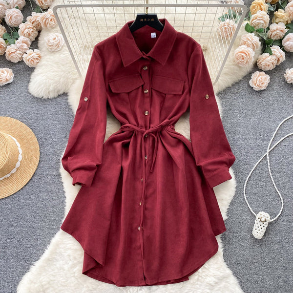 Irregular Design Lapeled Lace-up Shirt Dress