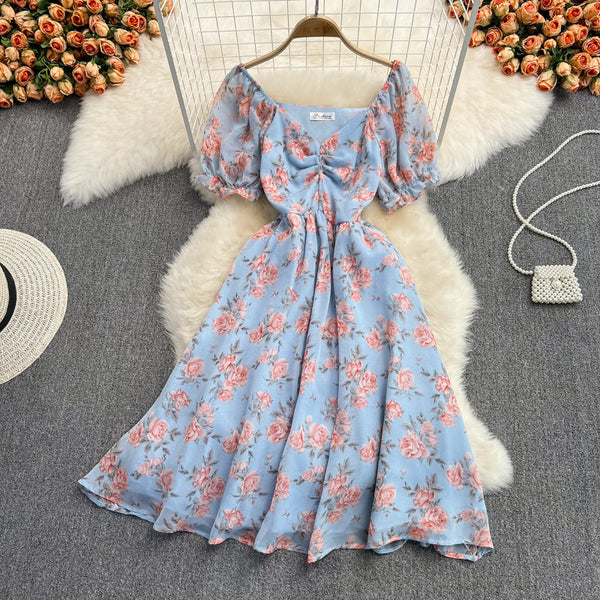 Waist-slimming V-neck Floral Chiffon Dress