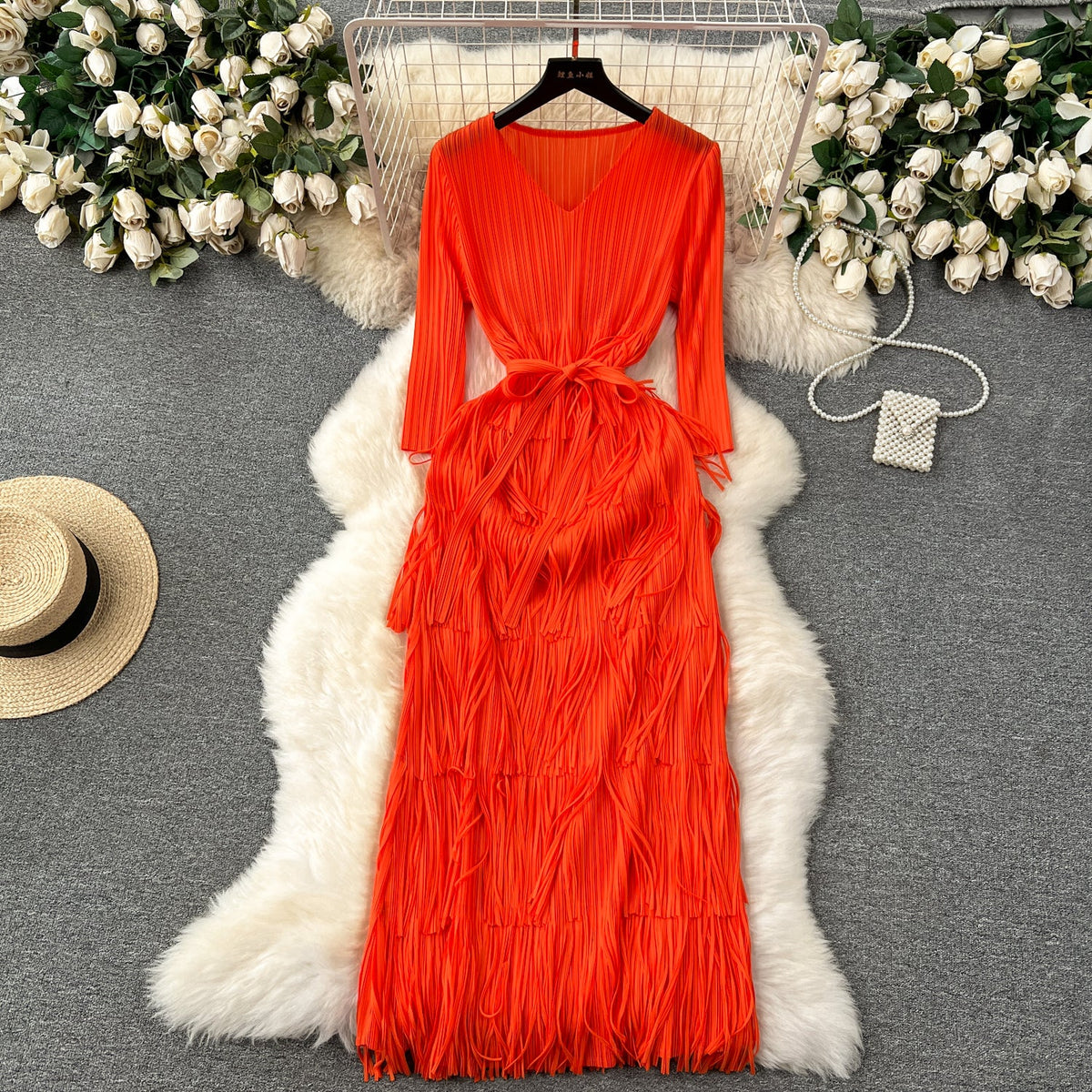 Delicate V-neck Fringed Pleat Dress