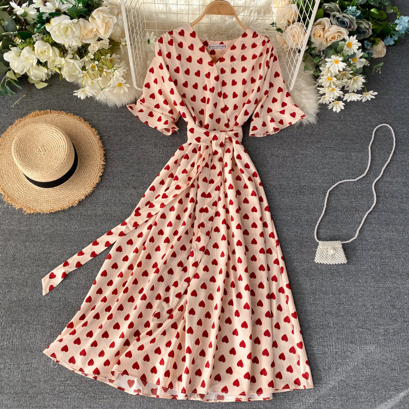 Heart Pattern Printed V-neck Maxi Dress