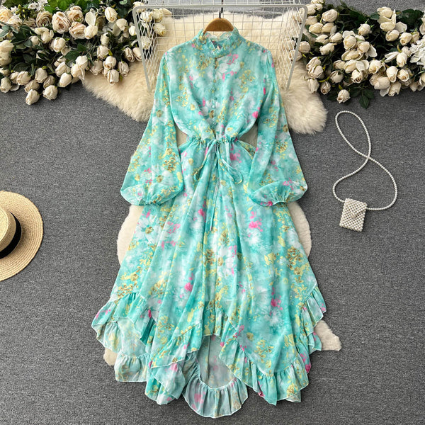 Vintage Drawstring Ruffled Floral Dress