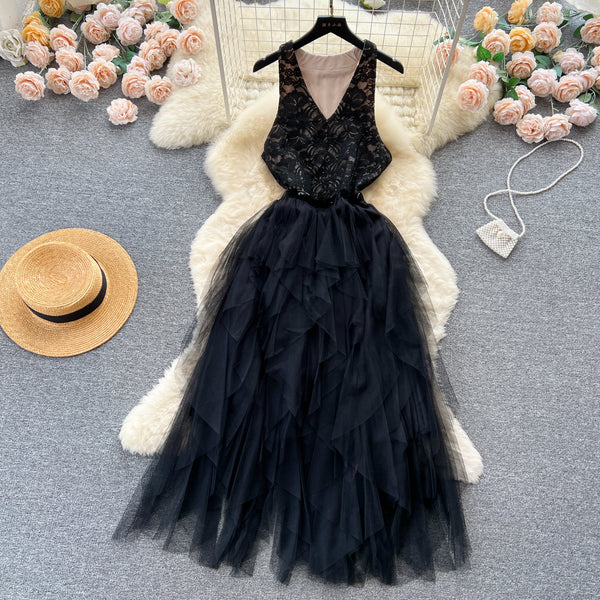 V-neck Mesh Patchwork Puffy Dress