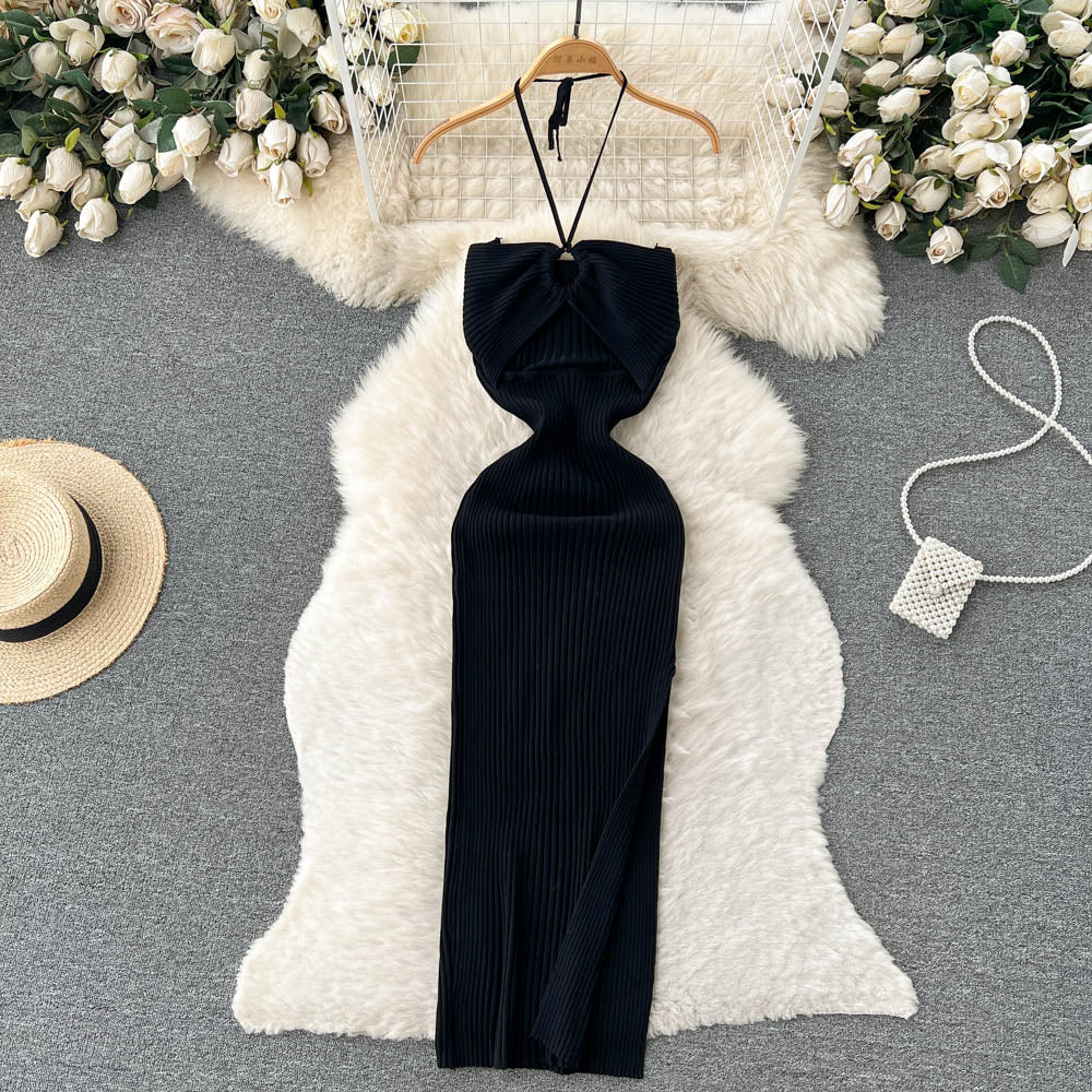 Openwork Backless Knitted Halter Dress