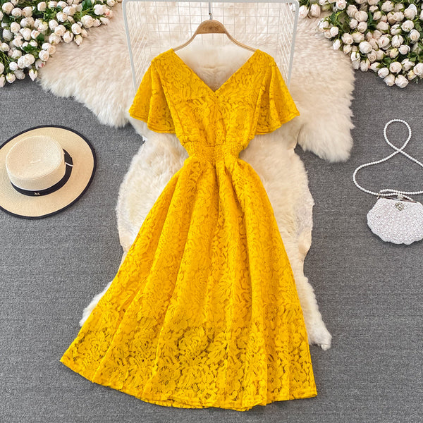 V-neck Floral Embroidered Lace Dress