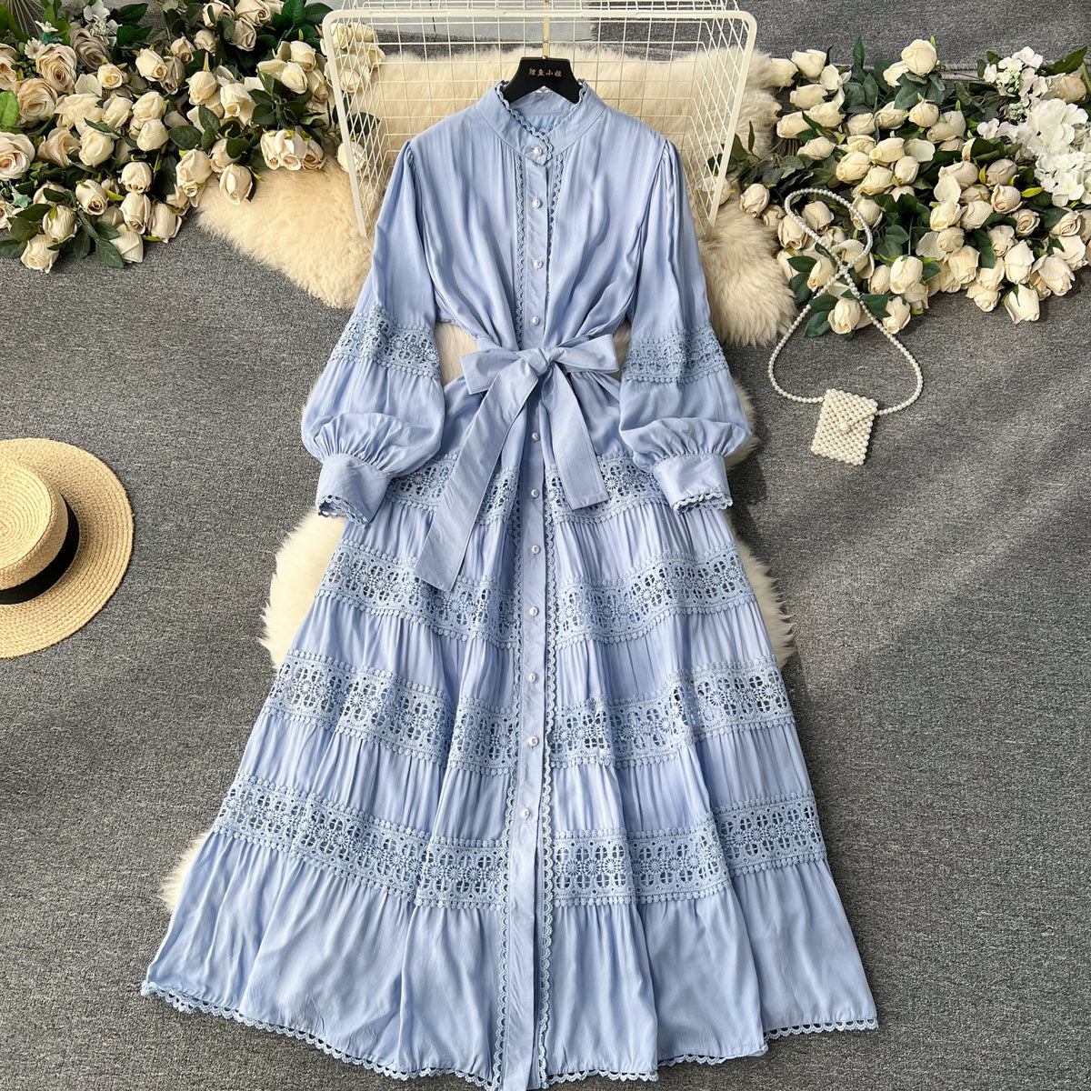 French Style Lace Patchwork Shirt Dress