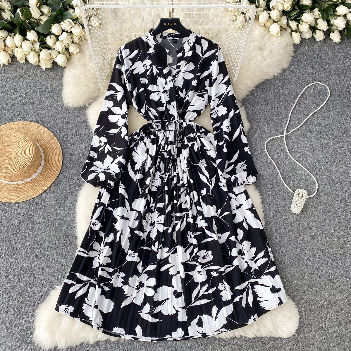French Style Pleated Printed Dress