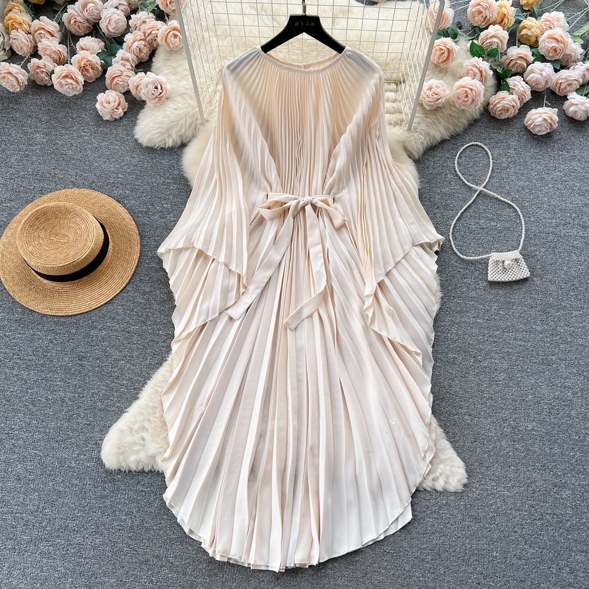 Solid Color Lace-up Pleated Dress