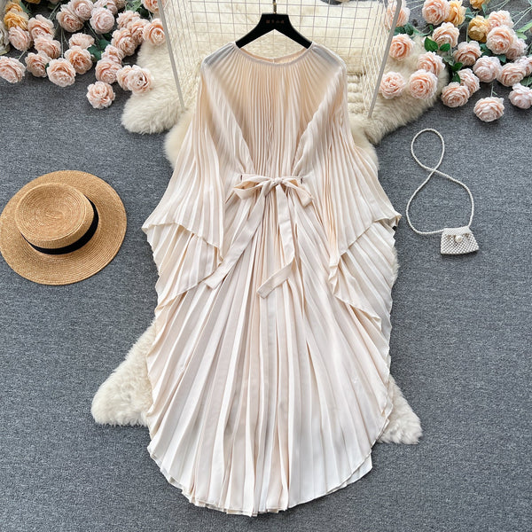 Solid Color Lace-up Pleated Dress