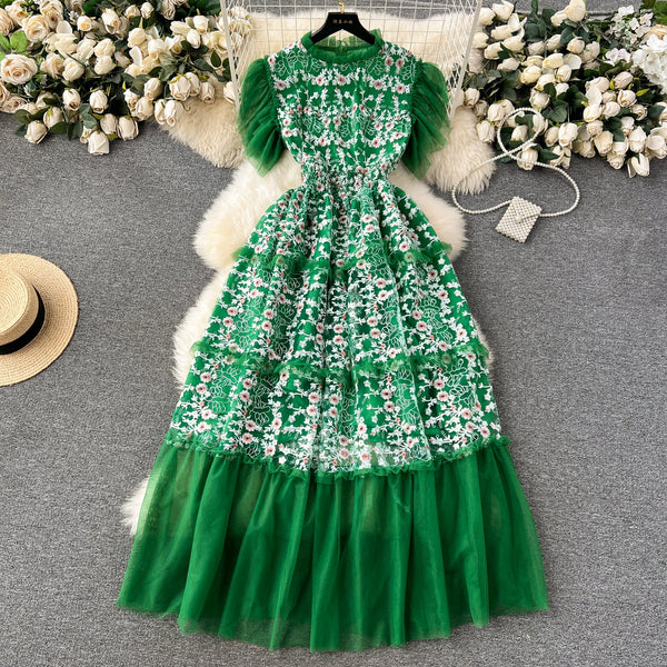Lace Patchwork Mesh Floral Puffy Dress
