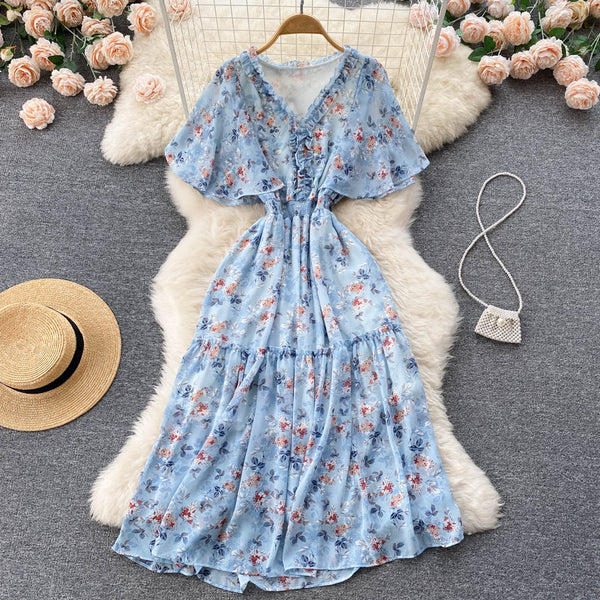 Vintage Pleated Short Sleeve Floral Dress