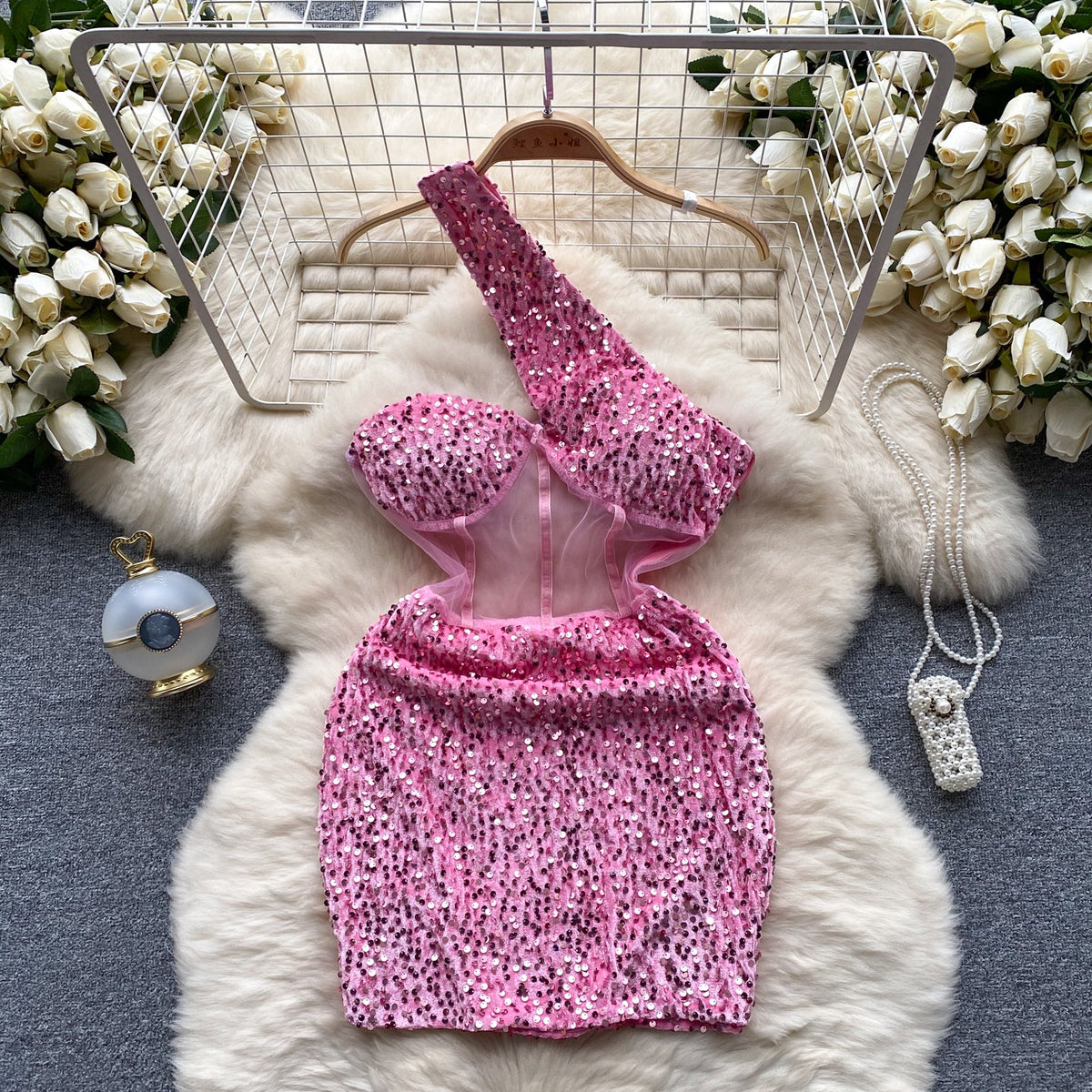 Slant Shoulder Sequin Mini Party Dress