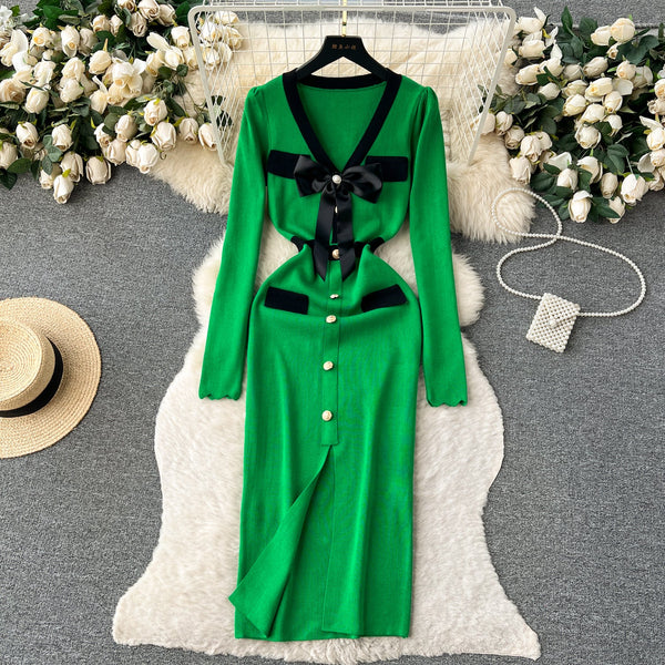 Color Blocking Bow-tie Knitted Dress