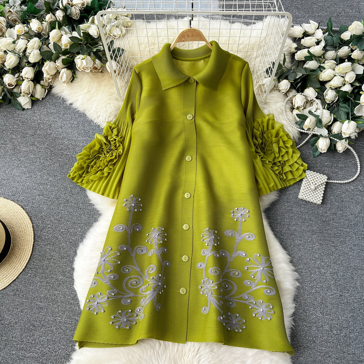 Rhinestone Studded Loose-fit Shirt Dress