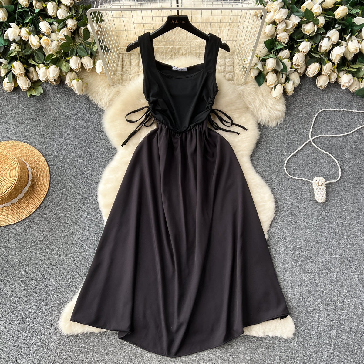 Square Collar Drawstring Slip Dress