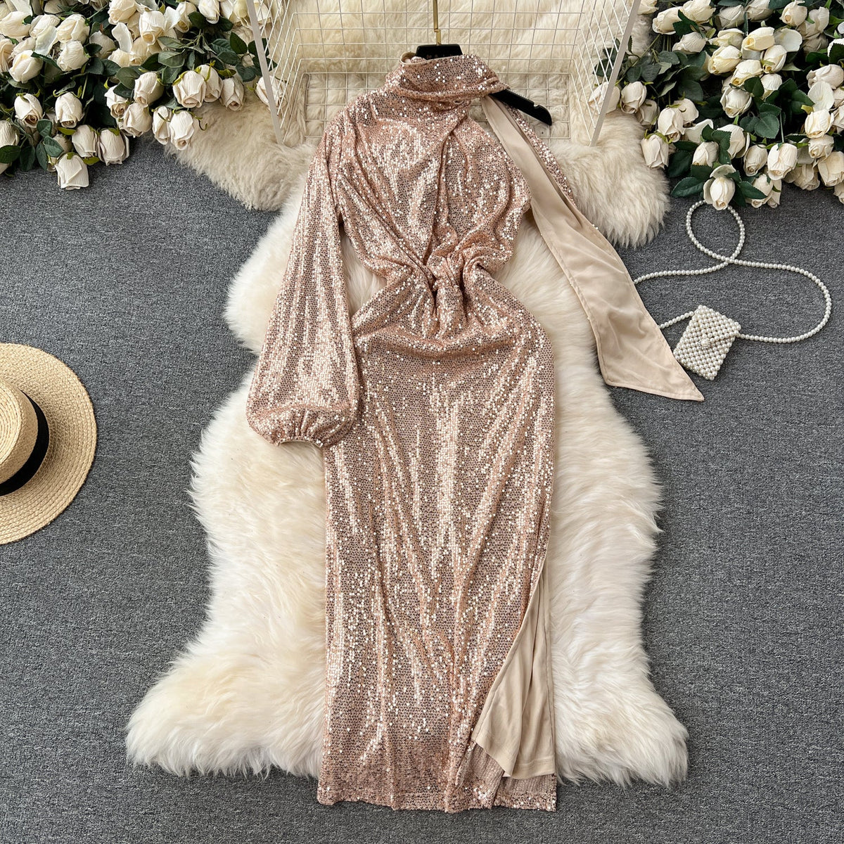 Glossy One-shoulder Sequined Halter Dress
