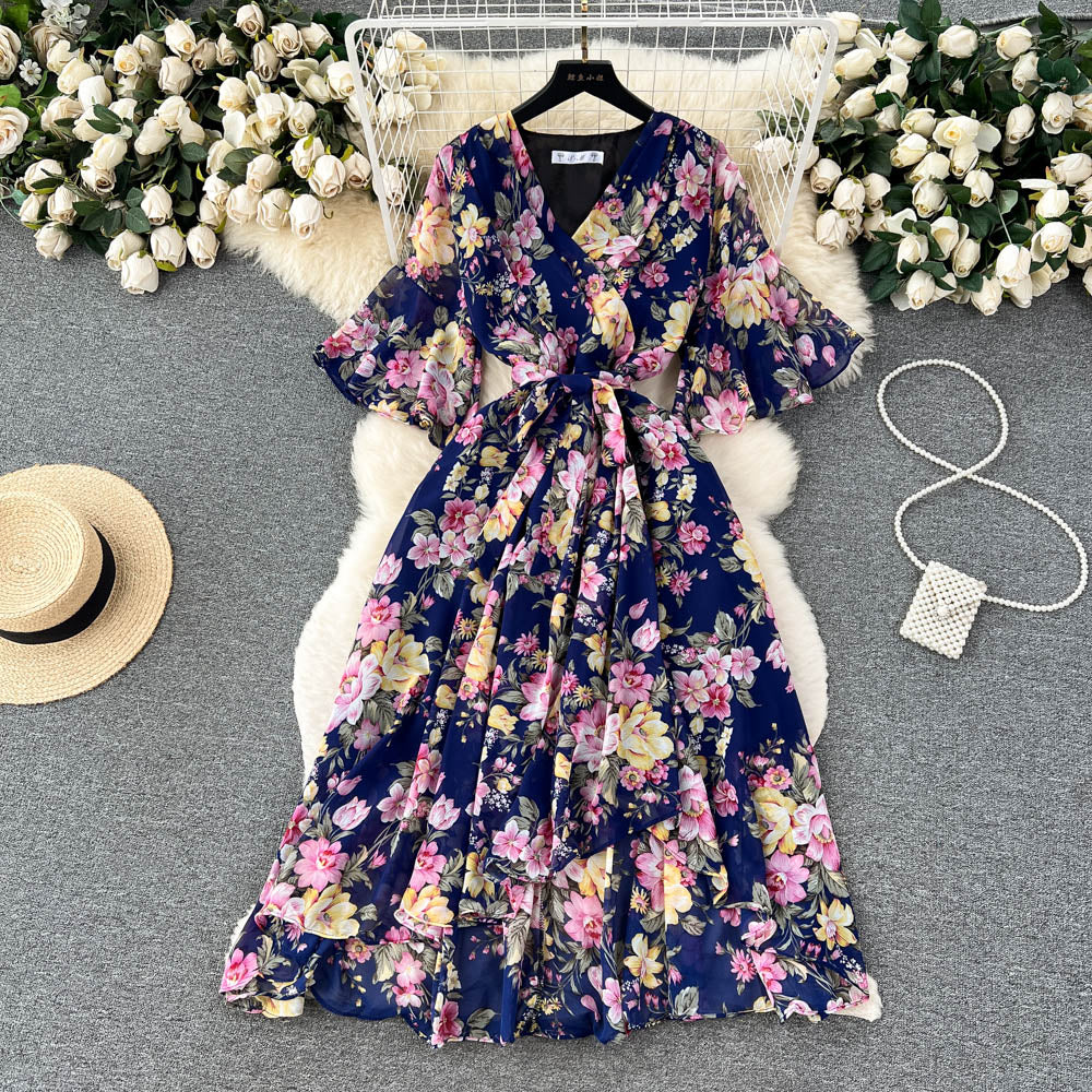 Flared Sleeve V-neck Floral Dress