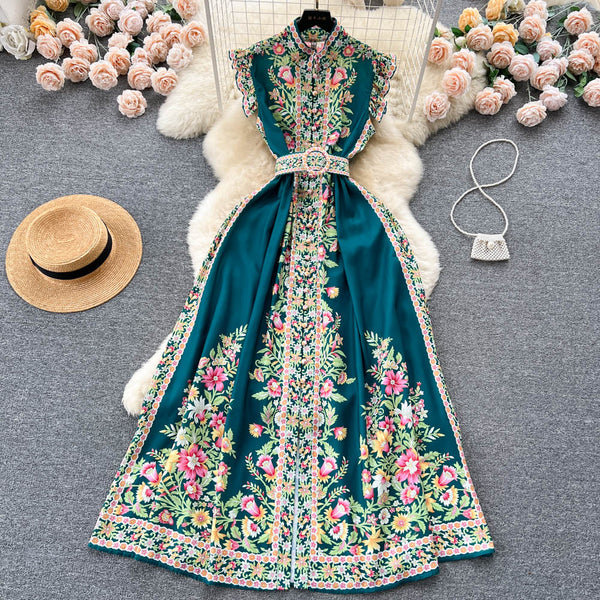 Ethnic Sleeveless Ruffled Floral Dress