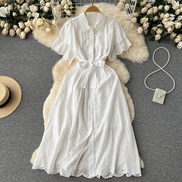 Lapeled Puff Sleeve Hollowed Dress