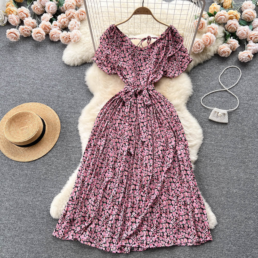 Fairy Pleated Lace-up Floral Dress