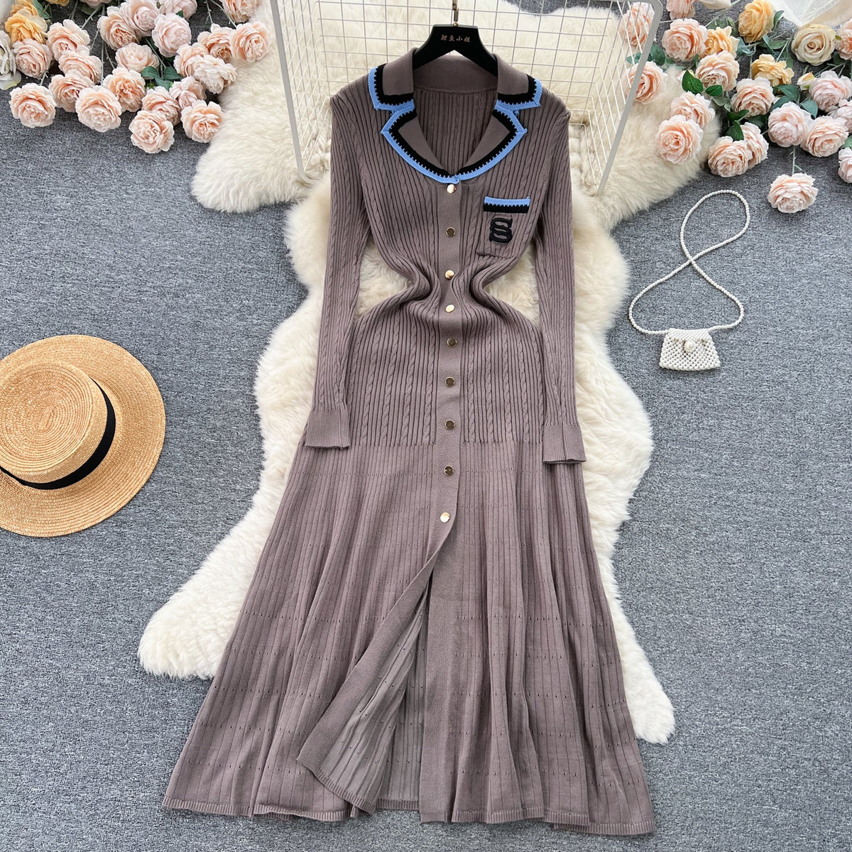 Color Blocking Embroidery Knitted Dress