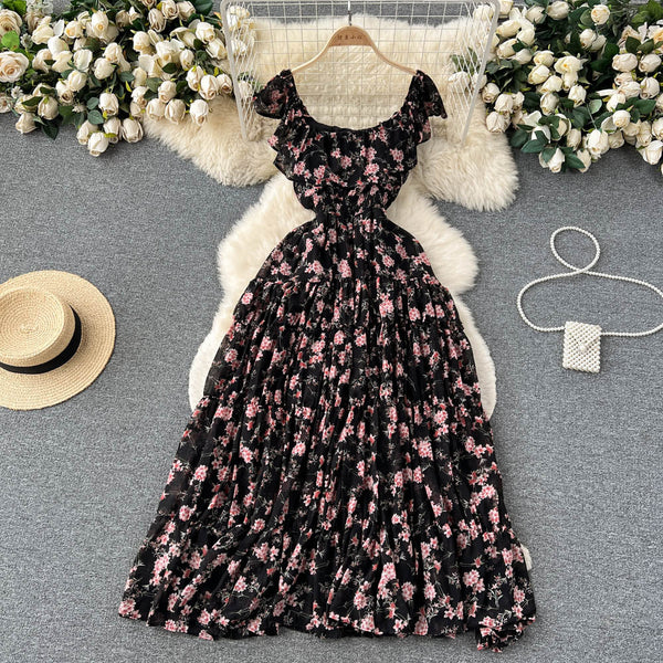 French Style Pleated Floral Dress